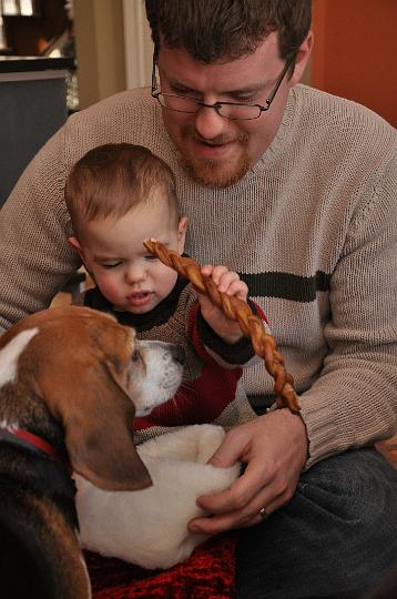 Jackson helping with Bailey's Stocking